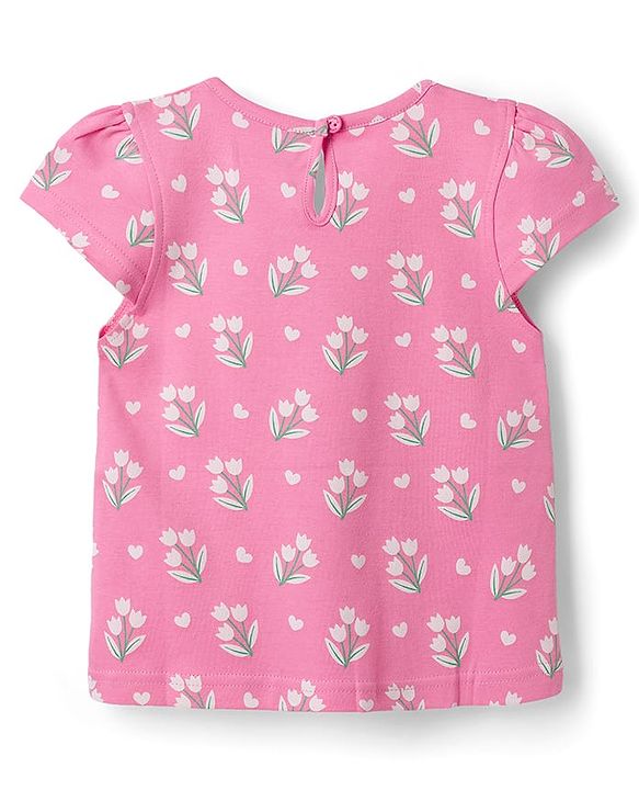 Babyhug Cotton Knit Half Cap Sleeves T-Shirt with Floral Print - Pink