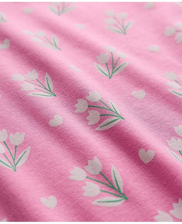 Babyhug Cotton Knit Half Cap Sleeves T-Shirt with Floral Print - Pink
