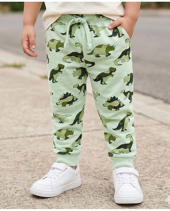 Babyhug Single Jersey Knit Full Length Lounge Pant with Dino Print - Light Green