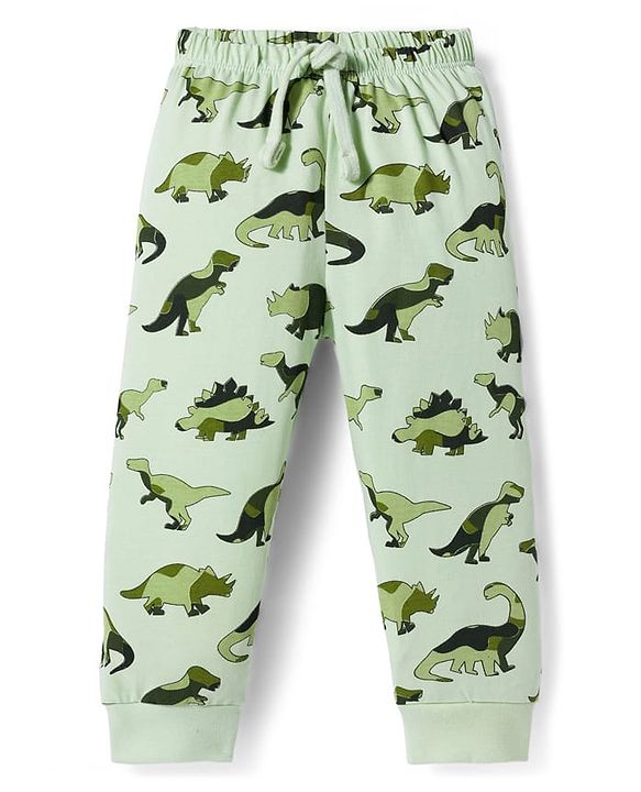Babyhug Single Jersey Knit Full Length Lounge Pant with Dino Print - Light Green