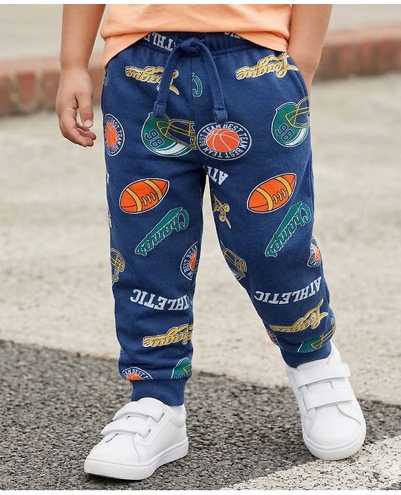Babyhug Single Jersey Knit Full Length Lounge Pant with Sport Print - Navy Blue