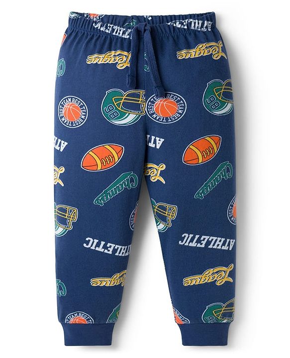 Babyhug Single Jersey Knit Full Length Lounge Pant with Sport Print - Navy Blue