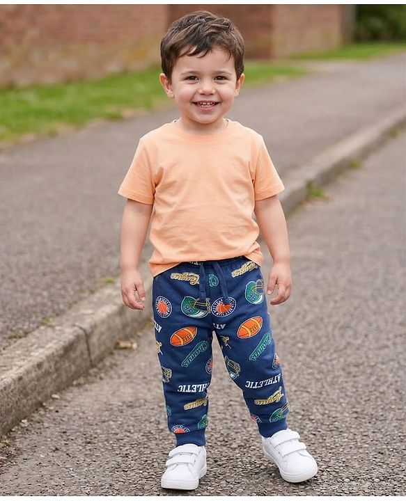 Babyhug Single Jersey Knit Full Length Lounge Pant with Sport Print - Navy Blue