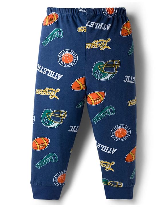 Babyhug Single Jersey Knit Full Length Lounge Pant with Sport Print - Navy Blue