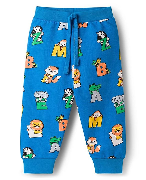 Babyhug Single Jersey Knit Full Length Lounge Pant With Animal & Alphabet Print - Blue