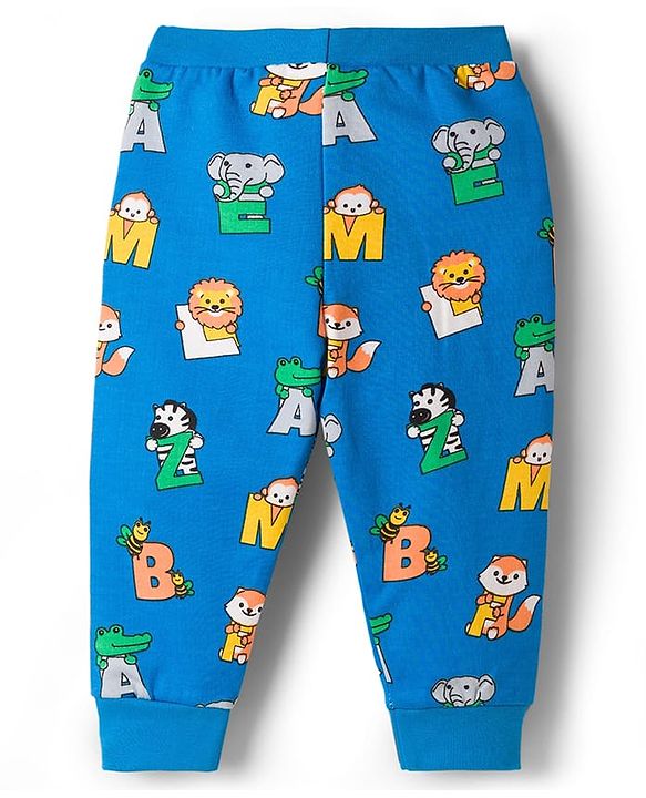 Babyhug Single Jersey Knit Full Length Lounge Pant With Animal & Alphabet Print - Blue