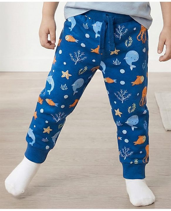 Babyhug Single Jersey Knit Full Length Lounge Pant With Sea Animals Print - Navy Blue