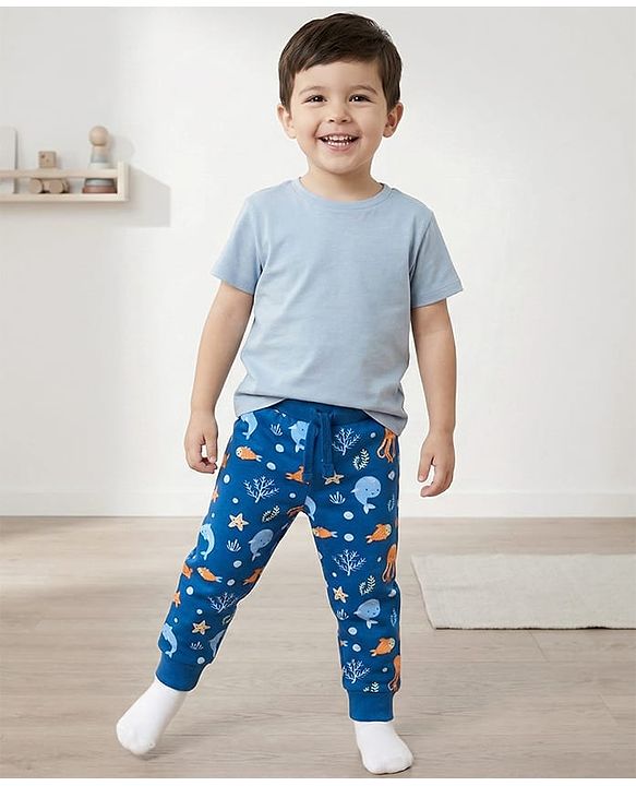 Babyhug Single Jersey Knit Full Length Lounge Pant With Sea Animals Print - Navy Blue