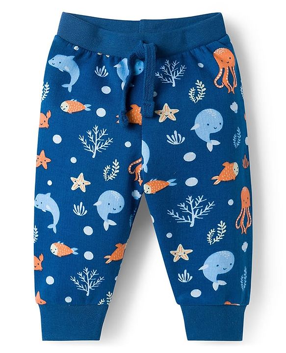 Babyhug Single Jersey Knit Full Length Lounge Pant With Sea Animals Print - Navy Blue
