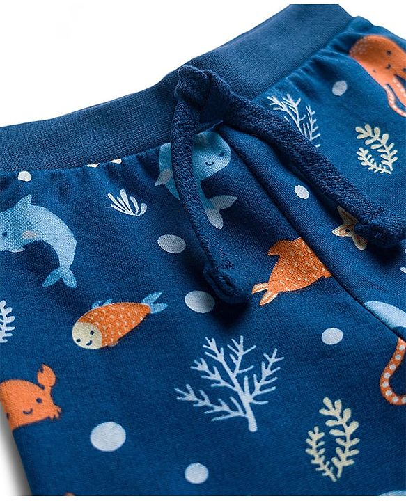 Babyhug Single Jersey Knit Full Length Lounge Pant With Sea Animals Print - Navy Blue