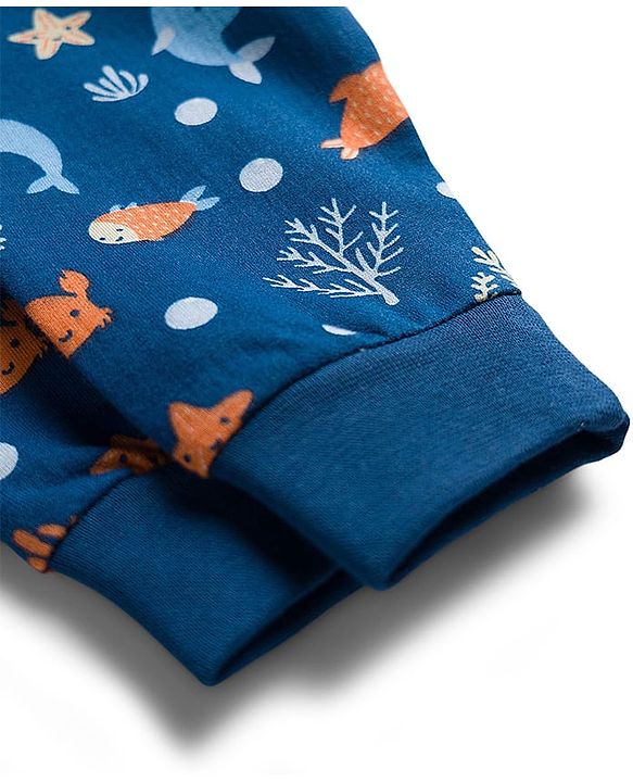 Babyhug Single Jersey Knit Full Length Lounge Pant With Sea Animals Print - Navy Blue