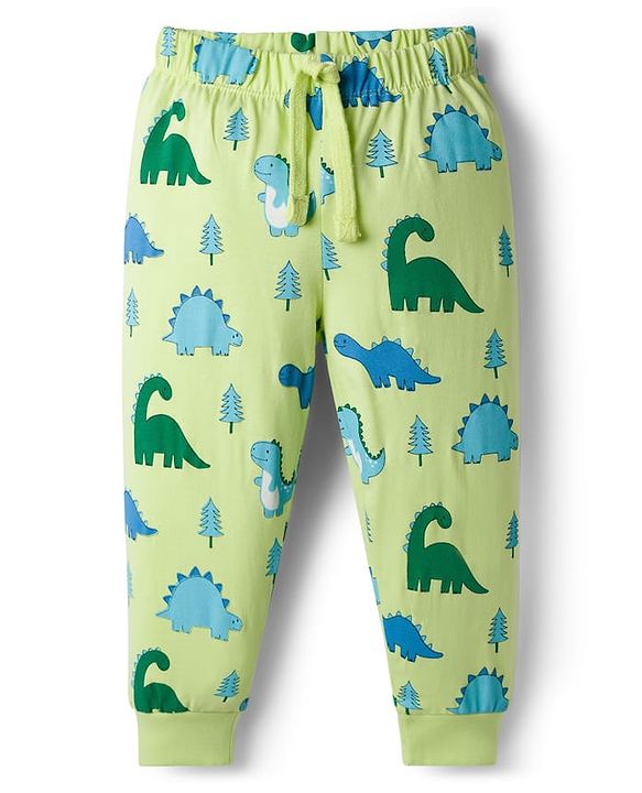 Babyhug Cotton Knit Full Length Lounge Pant with Dino Print - Limegreen