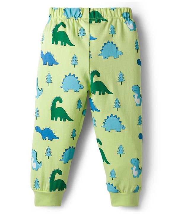 Babyhug Cotton Knit Full Length Lounge Pant with Dino Print - Limegreen