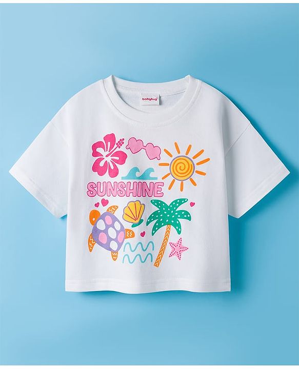 Babyhug Cotton Knit Half Sleeves Oversized T-Shirt with Tropical Theme Print - White