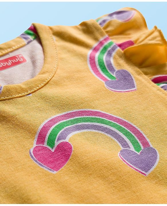 Babyhug 100% Cotton Knit Frill Sleeves T-Shirts with Heart Rainbow & Text Print Pack of 5 - Multicolor