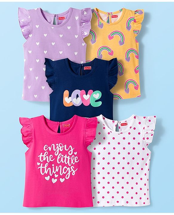 Babyhug 100% Cotton Knit Frill Sleeves T-Shirts with Heart Rainbow & Text Print Pack of 5 - Multicolor