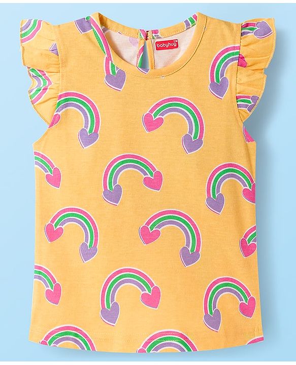 Babyhug 100% Cotton Knit Frill Sleeves T-Shirts with Heart Rainbow & Text Print Pack of 5 - Multicolor