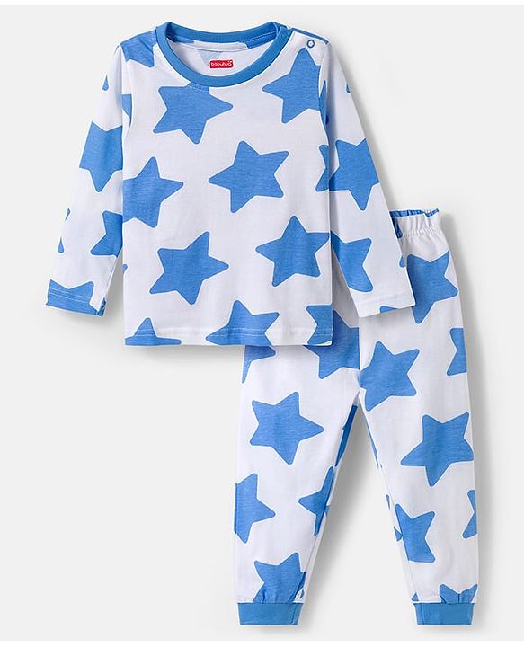 Babyhug Cotton Knit Full Sleeves Co-ords Night Suit With Star Print - White & Blue