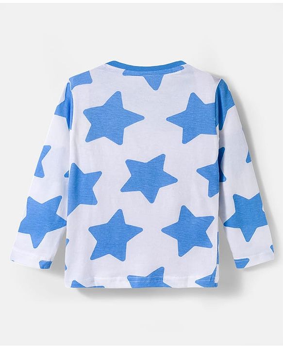 Babyhug Cotton Knit Full Sleeves Co-ords Night Suit With Star Print - White & Blue