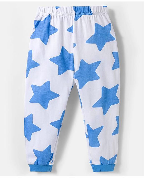 Babyhug Cotton Knit Full Sleeves Co-ords Night Suit With Star Print - White & Blue