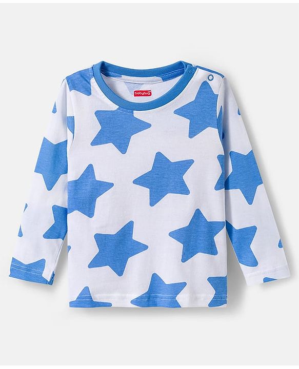 Babyhug Cotton Knit Full Sleeves Co-ords Night Suit With Star Print - White & Blue