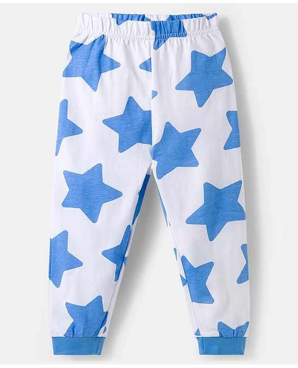 Babyhug Cotton Knit Full Sleeves Co-ords Night Suit With Star Print - White & Blue