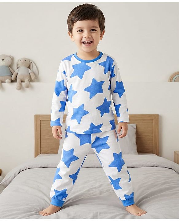 Babyhug Cotton Knit Full Sleeves Co-ords Night Suit With Star Print - White & Blue