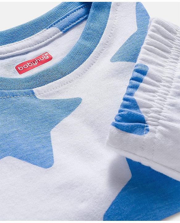 Babyhug Cotton Knit Full Sleeves Co-ords Night Suit With Star Print - White & Blue