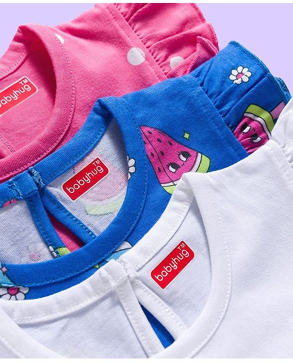 Babyhug Cotton Knit Frill Sleeves T-Shirts With Ice Cream & Polka Dot Print Pack of 3 - Blue Pink & White