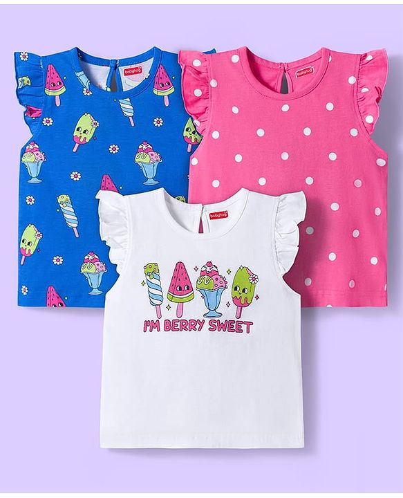 Babyhug Cotton Knit Frill Sleeves T-Shirts With Ice Cream & Polka Dot Print Pack of 3 - Blue Pink & White
