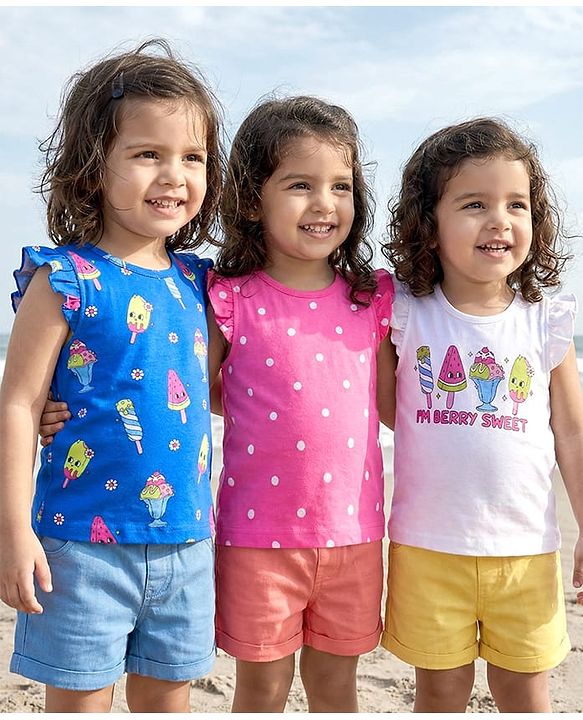 Babyhug Cotton Knit Frill Sleeves T-Shirts With Ice Cream & Polka Dot Print Pack of 3 - Blue Pink & White