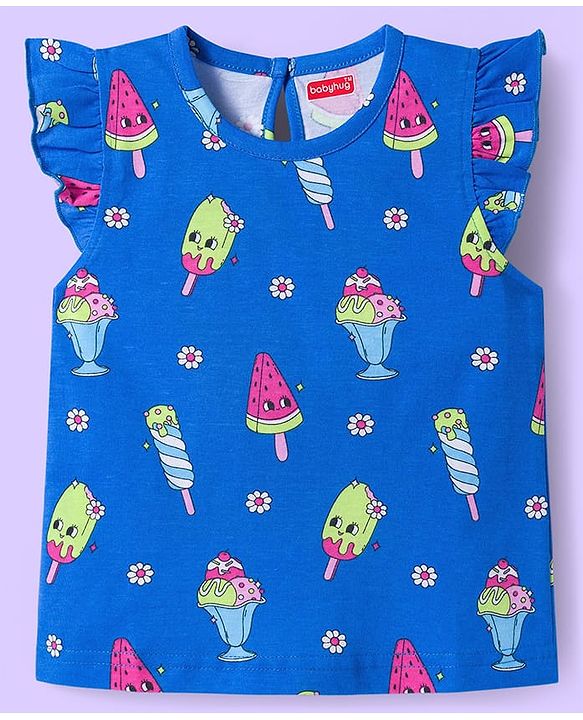 Babyhug Cotton Knit Frill Sleeves T-Shirts With Ice Cream & Polka Dot Print Pack of 3 - Blue Pink & White