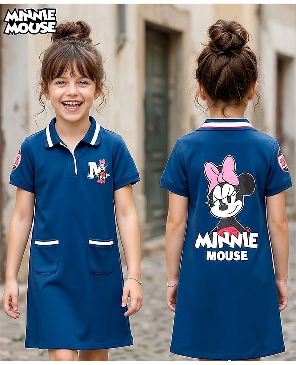 Pine Kids Disney Single Jersey Knit Half Sleeves Dress with Front & Back Minnie Mouse Graphics - Blue
