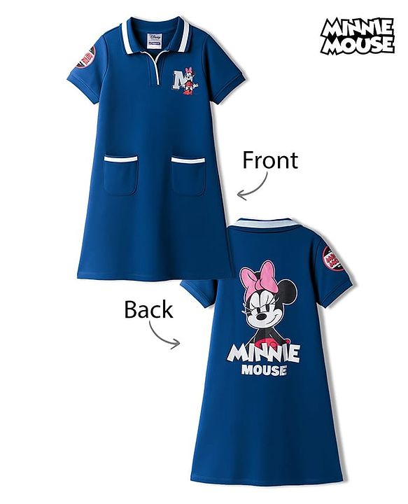 Pine Kids Disney Single Jersey Knit Half Sleeves Dress with Front & Back Minnie Mouse Graphics - Blue