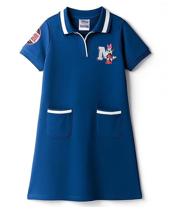 Pine Kids Disney Single Jersey Knit Half Sleeves Dress with Front & Back Minnie Mouse Graphics - Blue