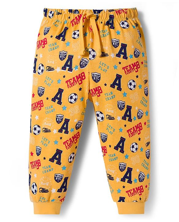Babyhug Single Jersey Knit Full Length Lounge Pant With Soccer Print - Yellow