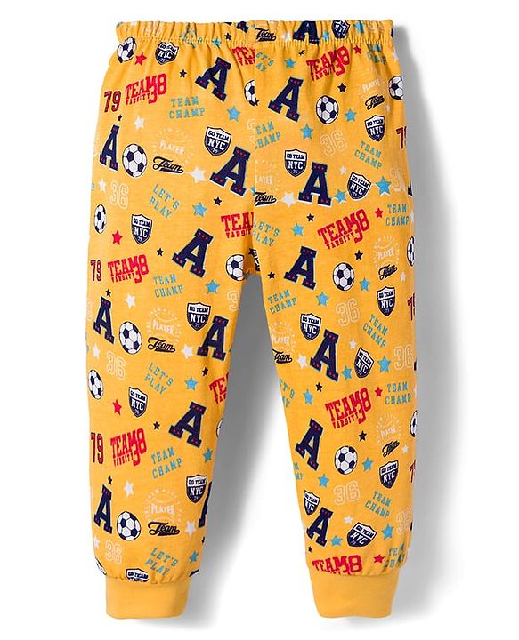 Babyhug Single Jersey Knit Full Length Lounge Pant With Soccer Print - Yellow