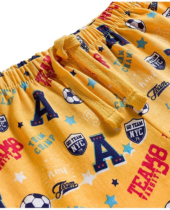 Babyhug Single Jersey Knit Full Length Lounge Pant With Soccer Print - Yellow