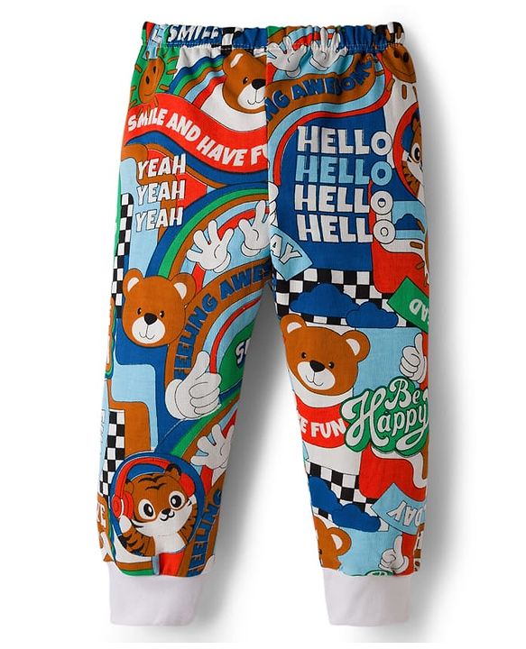 Babyhug Single Jersey Knit Full Length Lounge Pant With Teddy Bear Print - Multicolor