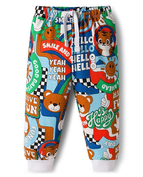 Babyhug Single Jersey Knit Full Length Lounge Pant With Teddy Bear Print - Multicolor