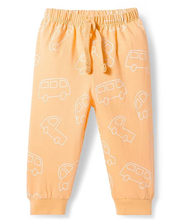 Babyhug Single Jersey Knit Full Length Lounge Pant With Vehicle Print - Cream