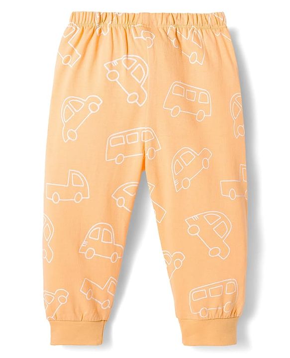 Babyhug Single Jersey Knit Full Length Lounge Pant With Vehicle Print - Cream