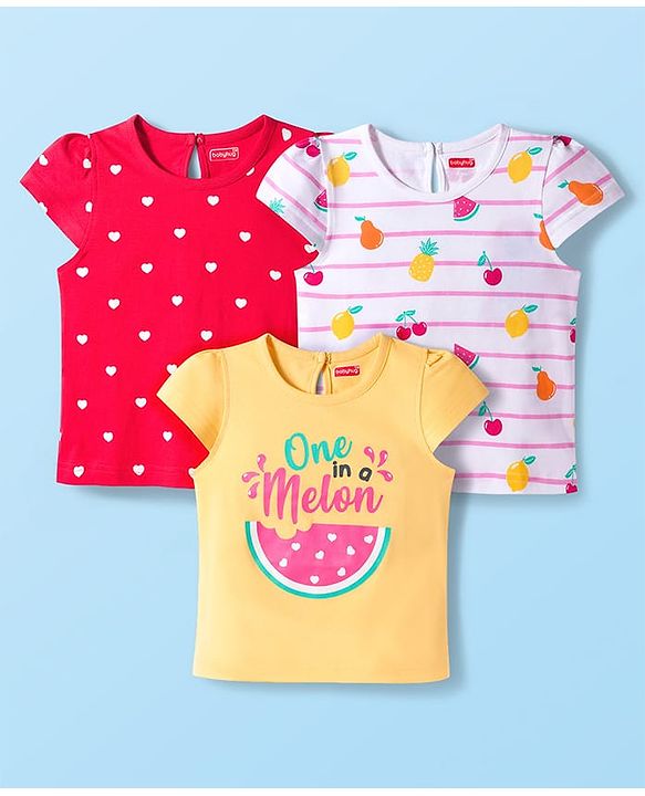 Babyhug Cotton Knit Cap Sleeves T-Shirts With Fruit & Heart Print Pack of 3 - Yellow Red & White