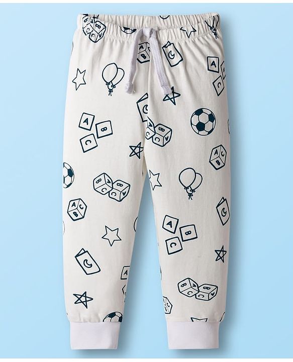 Babyhug Single Jersey Knit Full Length Lounge Pant with Alphabet Print - White