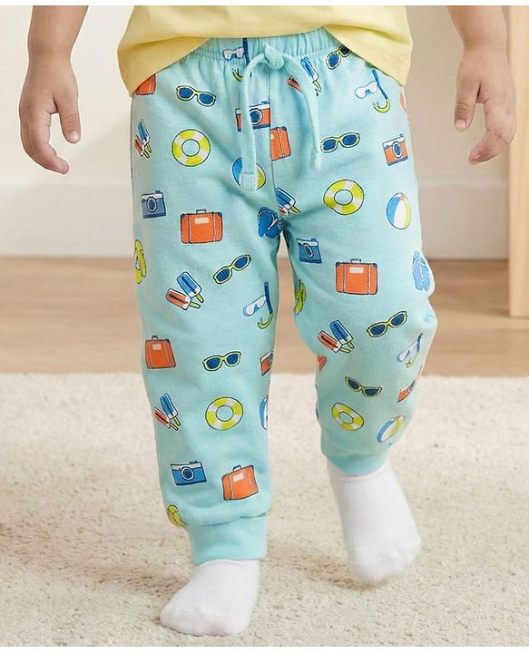 Babyhug Single Jersey Knit Full Length Lounge Pant with Camera Print - Light Blue