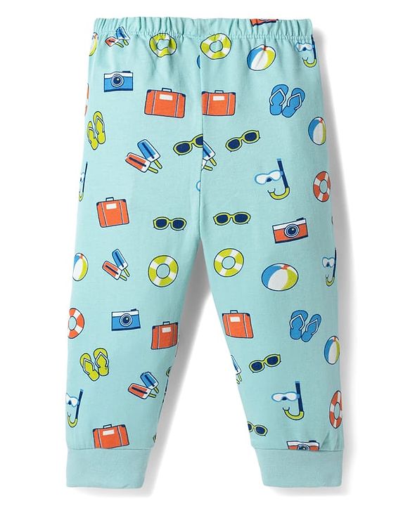 Babyhug Single Jersey Knit Full Length Lounge Pant with Camera Print - Light Blue