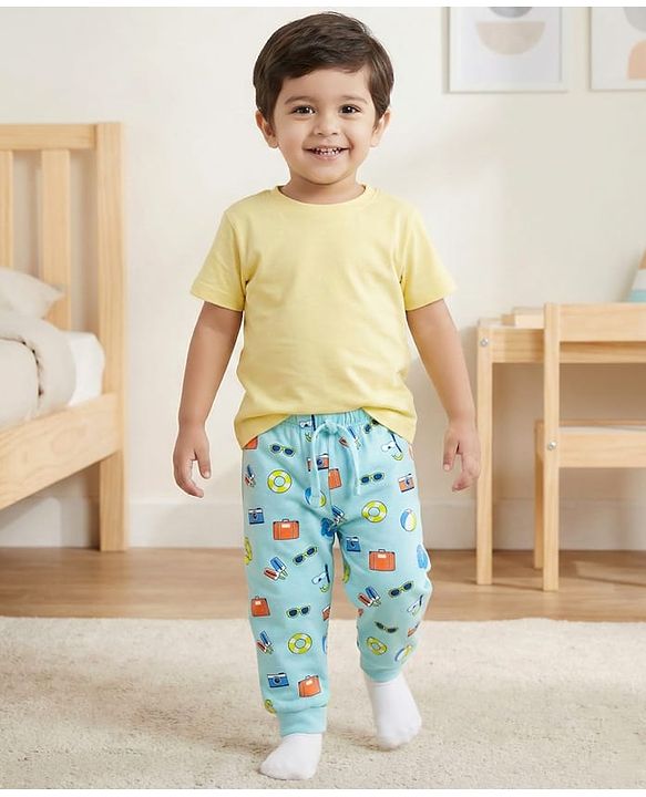 Babyhug Single Jersey Knit Full Length Lounge Pant with Camera Print - Light Blue