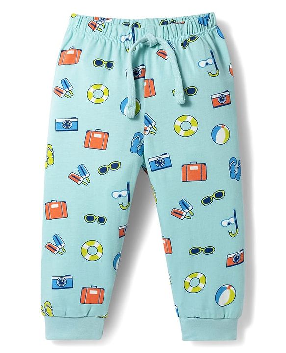 Babyhug Single Jersey Knit Full Length Lounge Pant with Camera Print - Light Blue