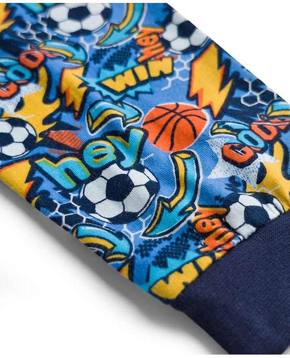 Babyhug Single Jersey Knit Full Length Lounge Pant With Football Print - Blue