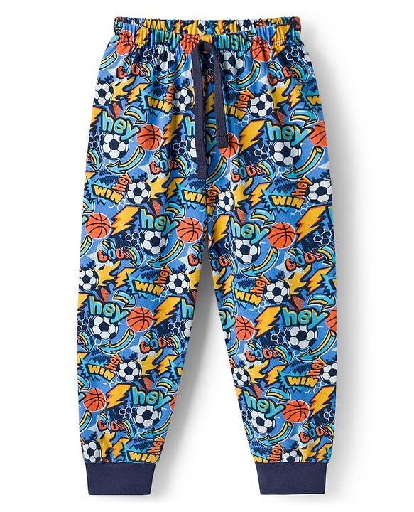 Babyhug Single Jersey Knit Full Length Lounge Pant With Football Print - Blue